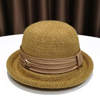 圆顶帽法式礼帽新款女秋冬赫本风混纺帽子冬女成人圆顶卷边盆帽黄棕色