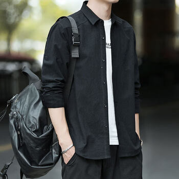 官方旗舰店以官网衬衫男士长袖外套秋季韩版潮流休闲上衣黑色m