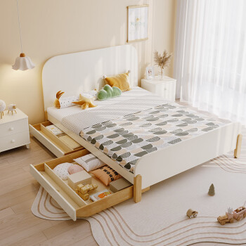 简蕴床 简约现代单人实木床1米2奶油白色成人床1.35米童床1.2米1.5米 实木床 1.0x1.9米  框架结构
