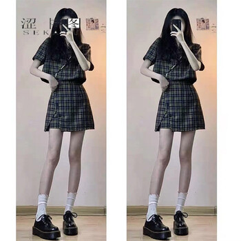 夏季青少女高中生大学生网红小个子可盐可甜穿搭格子西装上衣包臀短裙