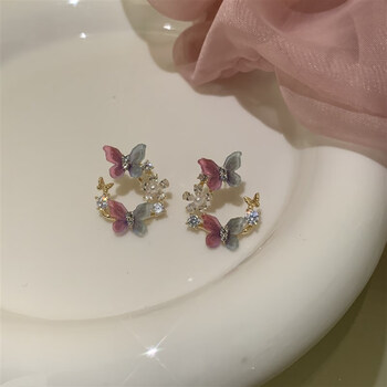 昂朗anglang夏季温柔甜美蝴蝶花朵耳环女粉紫色蝴蝶翩翩耳环少女小众