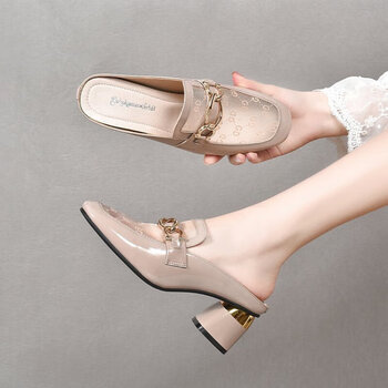 凉鞋>断码清仓红婧蜓真皮包头粗跟半拖鞋女夏外穿2023新款高跟透气凉