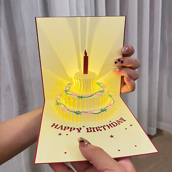 金值生日贺卡立体卡片男女生高级感生日礼物3D立体留言卡带灯光音乐蛋糕 情人节新年手写卡片