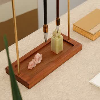 漢墨 胡桃木富贵笔架 毛笔挂多功能实木黄铜8针毛笔架 文房四宝书法毛笔收纳摆件