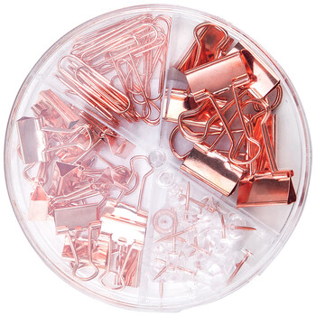 得力（deli）玫瑰金办公用品组合套装(25mm中号票夹15枚+19mm小号票夹7枚+29mm回形针30枚+20枚工字钉) 78553