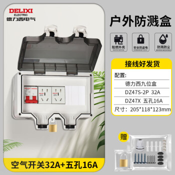 德力西电气外防水配电箱 明装防雨盒充电桩电源总开关漏电保护插座空开盒 德力西9位盒+空开32A+插座16Ax2
