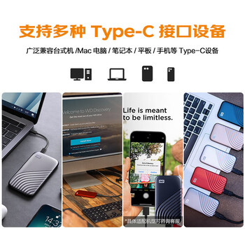 西部数据(WD)1TB 移动固态硬盘（PSSD）My Passport随行SSD type-c接口 1050MB/s 手机直连笔记本外接 灰色