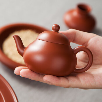 3景徳鎮央雨潮州朱泥壺扁壺中国茶壺 3景徳