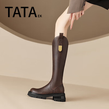 tataek女鞋显腿长小个子厚底骑士靴女秋冬v口侧拉链长筒靴棕色单里34