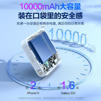品胜【3C认证】充电宝自带双线10000mAh大容量可上飞机22.5W快充移动电源适用苹果17promax华为小米白