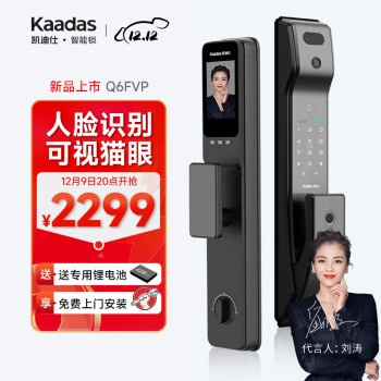 凯迪仕(KAADAS)指纹锁全自动智能锁人脸识别智能门锁可视猫眼电子锁入户门密码锁 Q6FVP【人脸识别+高清可视对讲】 全国免费上门拆旧换新