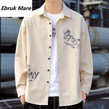 ebrukmare森马同品衬衫男士工装式外套春秋季休闲衬衣开衫青少年印花