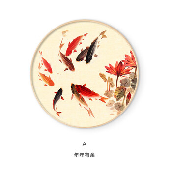 实木圆形画新中式玄关装饰画客厅九鱼图挂画客厅沙发背景壁画油画