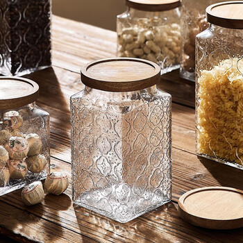 青苹果复古海棠花玻璃密封罐食品级储物罐茶叶罐相思木盖1.4L