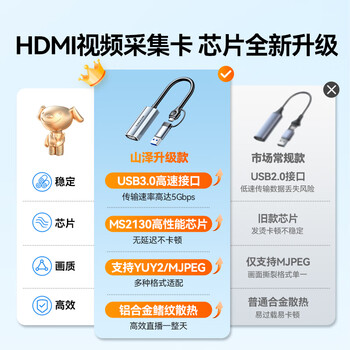 山泽HDMI视频采集卡4K60Hz高清输入Switch/PS5/NS笔记本电脑手机抖音直播MS2130相机录制USB3.0/Type-C 山泽HDMI视频采集卡4K60Hz高清输入Switch/PS5/NS笔记本电脑手机抖音直播MS2130相机录制USB3.0/Type-C