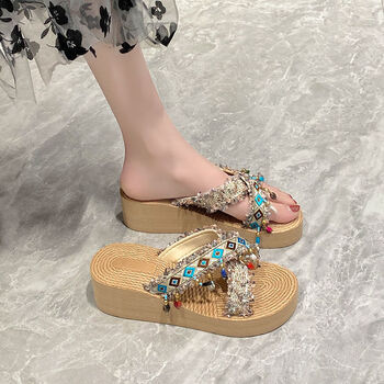 贤语民族风西双版纳拖鞋泰式编织凉鞋外穿厚底人字拖女夏凉拖鞋石头珠