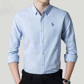 二哈吉斯汪男士长袖衬衫纯棉秋季新款休闲牛津纺高端商务男衬衣蓝色