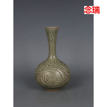 中国古美術品、耀州窑刻花鳥小口四系花瓶、 中国古美術品、耀州窑刻花鳥小口四系花瓶、