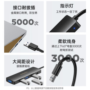 品胜 USB3.0分线器高速4口扩展坞一拖四拓展坞转换器 笔记本台式电脑键鼠HUB延长线集线器Type-C供电
