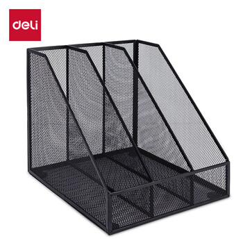 得力（deli）三联金属桌面文件框栏书立架 办公室桌面档案收纳盒多层资料架子网状镂空文件置物架 黑色78985