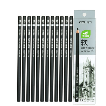 得力（deli）58120美术素描炭笔石墨铅笔软款12支盒装专业绘画手绘素描彩绘软款画画
