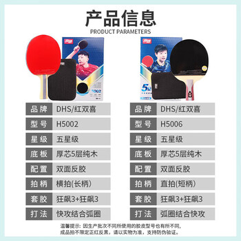 红双喜DHS狂飚五星乒乓球拍横拍反胶弧圈结合快攻H5002含拍包