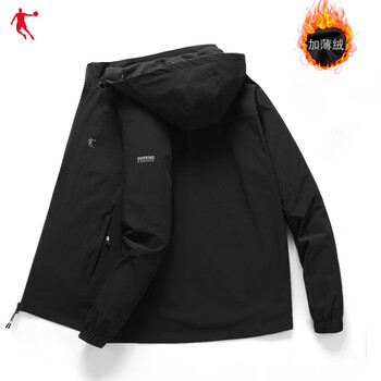 中国乔丹男加绒梭织风衣2023秋冬新款运动防风可脱卸帽大码冲锋衣外套