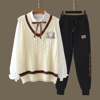 马甲休闲2022森系 小熊杏色 黑色针织裤>运动中学生中小学生品质流行