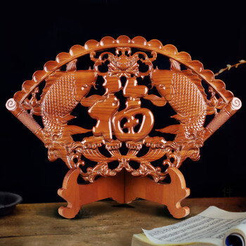 扇形桃木摆件挂件实木雕福字桃木镇宅工艺品扇形摆件客厅 双鱼报福宽