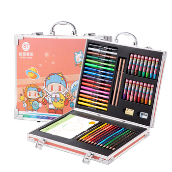 得力deli81件粉色卡通绘画画画文具美术油画棒水彩笔蜡笔手提礼盒颜料涂色卡儿童元旦礼物