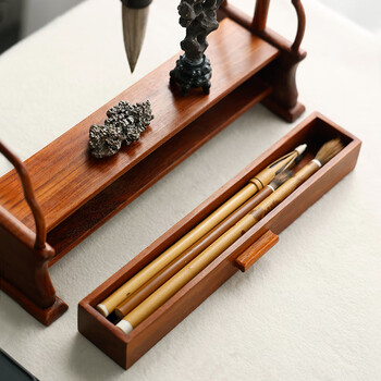 漢墨 明式抽屉毛笔笔挂 花梨木抽屉式收纳14针博古架 文房四宝创意简约毛笔架子 