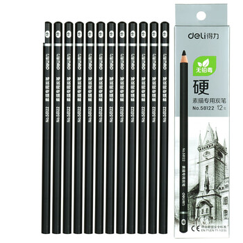 得力（deli）硬款12支盒装58122美术素描炭笔石墨铅笔专业美术绘画素描涂鸦勾线画笔硬款热门商品