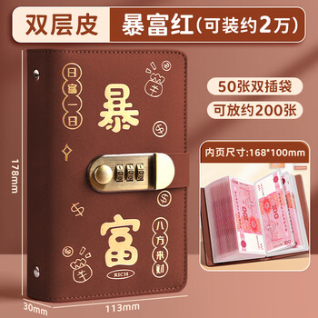 舒星存钱本收纳册现金密码锁纸币钱币收藏册攒钱袋儿童理财存钱包存钱夹2026新款双层防水皮革 暴富棕