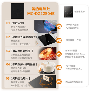 美的（Midea）电磁炉电磁灶电陶炉2200W家用大功率滑触双控烧水电池炉9档嵌入式一体面板定时功能火锅炉DZ22S04E