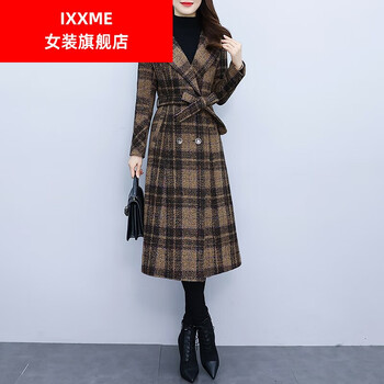 ixxme中长款呢子大衣女装2023年新款秋冬加棉加厚格子毛呢外套咖啡色m