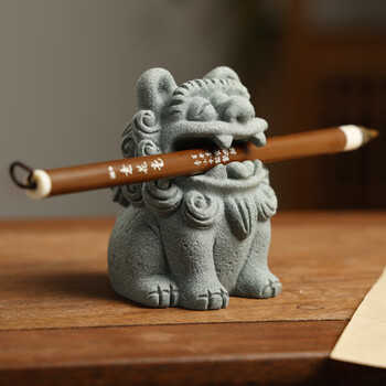 漢墨 青砂造像衔笔麒麟狮子毛笔架 创意可爱莫生气镇纸文镇 文房四宝书法文创可爱摆件镇尺