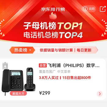 飞利浦（PHILIPS）数字无绳电话机 无线座机 子母机 办公家用 信号覆盖广 屏幕白色背光 DCTG167一拖一黑色