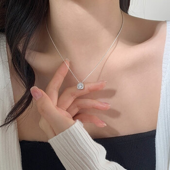 hzcks925银方块锆石项链首饰欧美时尚小众网红同锁银s925材质925材质