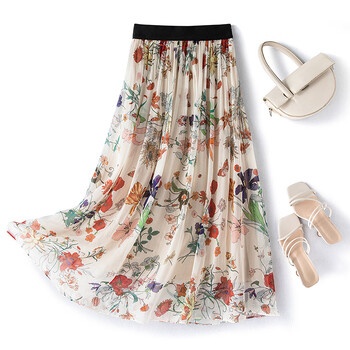 菲奢兰重磅桑蚕丝半身裙长款夏季印花真丝半身裙修身显瘦气质松紧腰