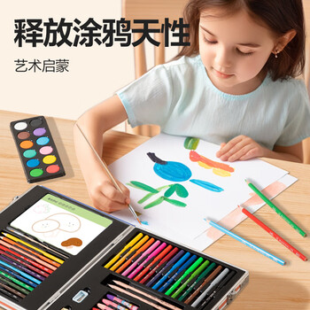 得力deli81件粉色卡通绘画画画文具美术油画棒水彩笔蜡笔手提礼盒颜料涂色卡儿童元旦礼物