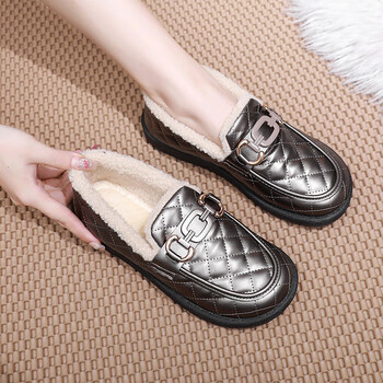 yzyw冬季新款棉鞋女皮面防水保暖妈妈棉靴加绒加厚一脚蹬豆豆鞋雪地靴