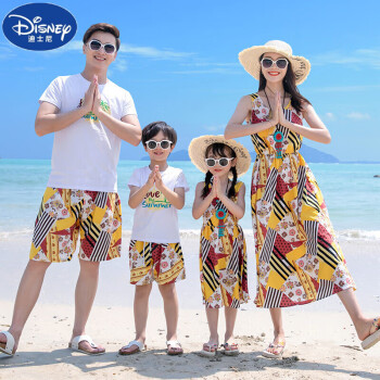迪士尼（Disney）一家三口四口沙滩亲子装夏装海边度假母女母子洋气短袖长款连衣裙 图片色 爸爸套装S码