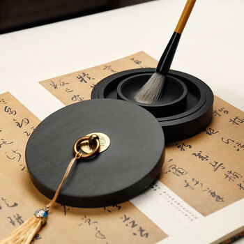 漢墨 火锅砚台 双圈天然原石毛笔书法盛墨汁用5寸墨海 文房四宝铜环砚台带盖墨池无盒款