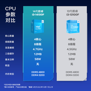 英特尔(Intel) i3-14100F 酷睿14代 处理器 4核8线程 睿频至高可达4.7Ghz 12M三级缓存 台式机盒装CPU