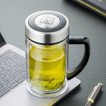 希诺heenoor双层玻璃杯茶杯带把办公杯老板杯子带过滤泡茶水杯男士