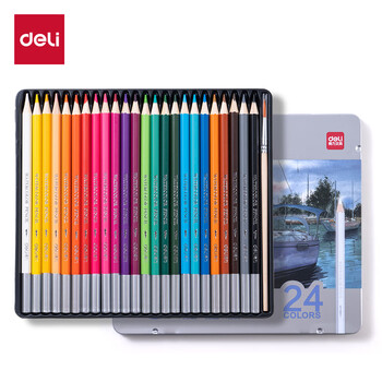 得力（deli）24色铁盒装水溶性彩铅(24支/盒)美术专业手绘涂色绘画HM451-24女孩儿童彩笔