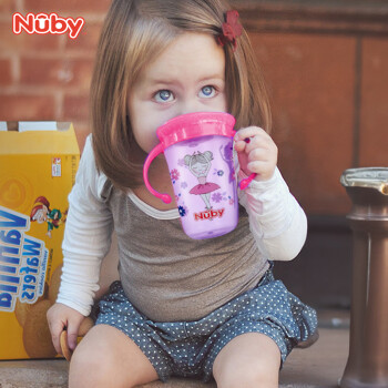 努比（Nuby）宝宝喝水杯带手柄360度吮吸魔术学饮杯啜饮杯嘬口敞口杯带防尘盖 紫色 小女孩-PP材质300ML