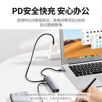 绿联（UGREEN）Type-C扩展坞拓展坞网线转接头带千兆网口转USB3.0分线器雷电3/4 五合一20932