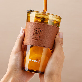 拜杰竹节吸管杯玻璃杯礼物水杯带盖咖啡奶茶竹节杯琥珀色杯子450ml