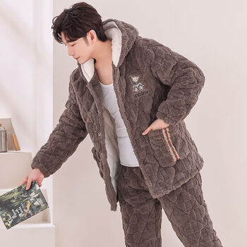 菲菲茵曼男士睡衣男冬季加厚加绒珊瑚绒夹棉袄家居服套装棉衣法兰绒